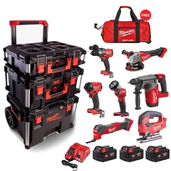 Packout 7 Piece Kit with PACKOUT Trolly AND Roller Bag (3x5ah)