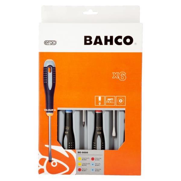 Bahco Bahco Ergo Slotted/Phillips/Pozidriv Screwdriver Set with Rubber Grip - 6 Pcs BE-9886 BAH-BE-9886