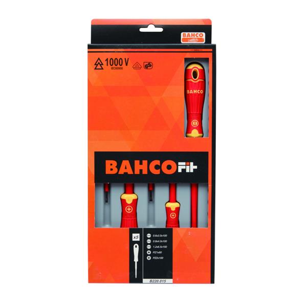 Bahco Bahco Fit 5 Piece VDE Insulated Slotted and Pozidriv Screwdriver Set B220.015 B220