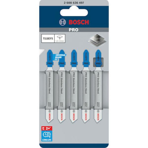 Bosch Bosch T118 EFS Basic for Stainless Steel T-Shank Smooth Cut Jigsaw Blades, 5 Pack - 2608636497 BOS-2608636497