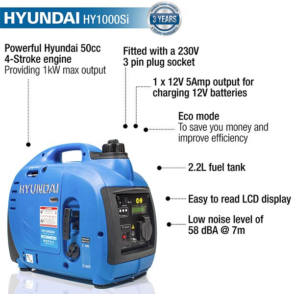 Hyundai Hyundai 1000W Portable Petrol Inverter Generator HY1000SI