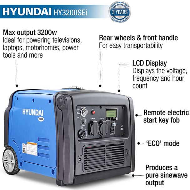 Hyundai Hyundai 3200W Portable Petrol Inverter Generator - Quiet for Camping HY3200SEI