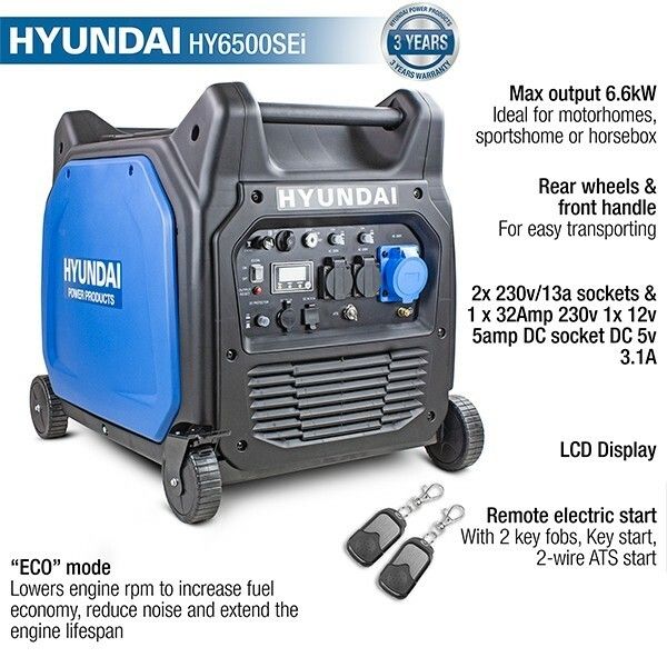 Hyundai Hyundai 6600W/6.6kW Remote Electric Start Petrol Portable Inverter Generator HY6500SEI