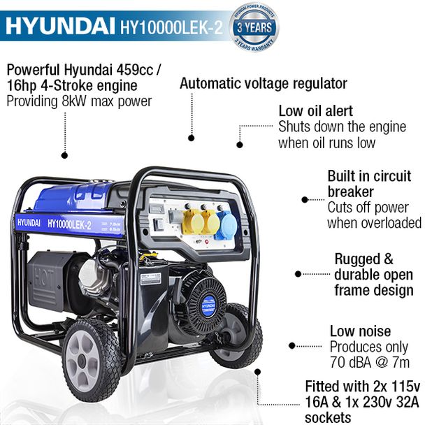Hyundai Hyundai HY10000LEK-2 8kW/10kVA* Recoil and Electric Start Site Petrol Generator HY10000LEK-2