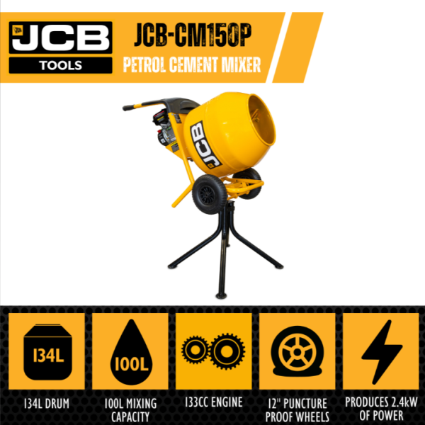 JCB JCB Petrol 133cc 134L Seam Welded Cement Mixer 100L Working Capacity - JCB-CM150P JCB-CM150P