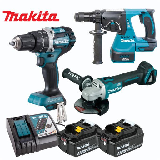 Makita Makita 18V LXT 3 Piece Brushless Kit Combi, SDS Plus & Grinder 2x 5.0Ah – DLX3196 DLX3196