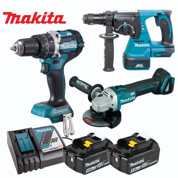 Makita Makita 18V LXT 3 Piece Brushless Kit Combi, SDS Plus & Grinder 2x 5.0Ah – DLX3196 DLX3196