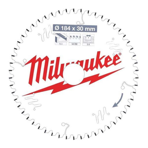 Milwaukee Milwaukee 184mm x 30mm x 54 Tooth Aluminium & Plastic Cutting Circular Saw Blade 4932471299