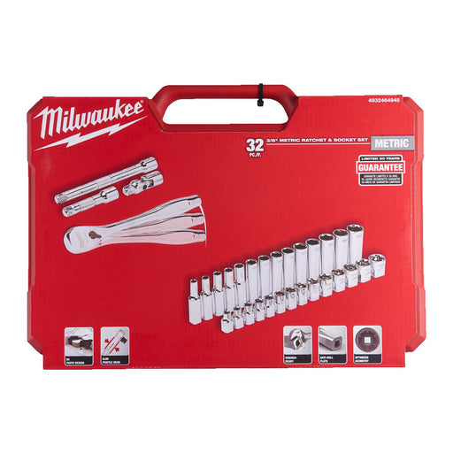 Milwaukee 4932464945 Milwaukee 3/8 Drive Ratchet & Socket Set Metric - 32 pcs 4932464945