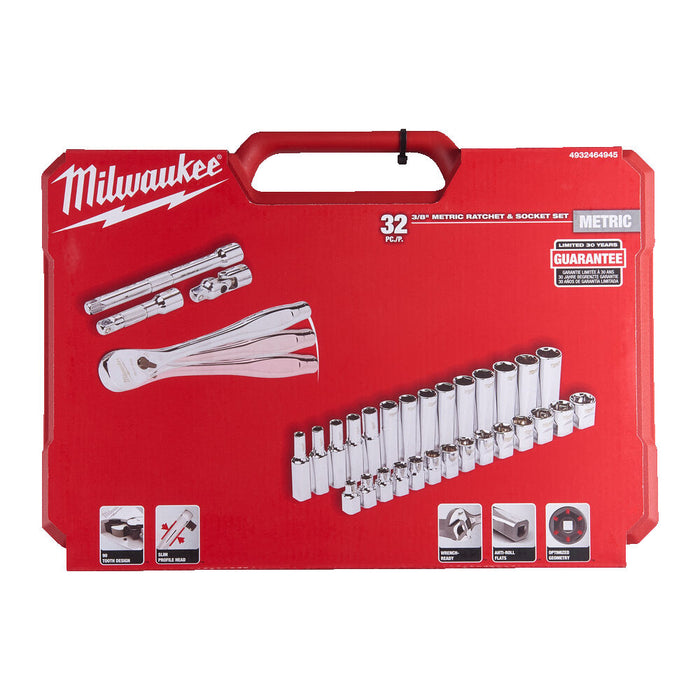 Milwaukee 4932464945 Milwaukee 3/8 Drive Ratchet & Socket Set Metric - 32 pcs 4932464945