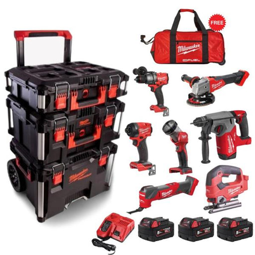 Milwaukee Packout 7 Piece Kit with PACKOUT Trolly AND Roller Bag (3x5ah) M18FPP8L3-503P