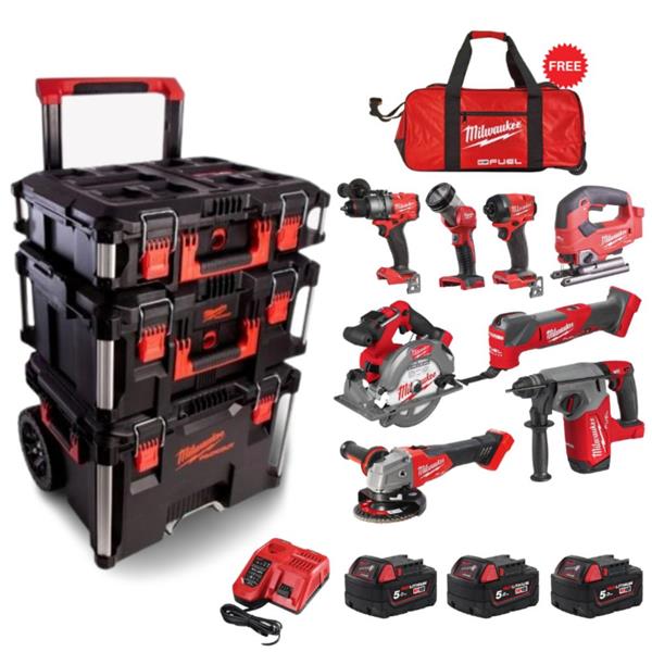 Milwaukee Packout 8 Piece Kit with PACKOUT Trolly AND Roller Bag (3x5ah) M18FPP9L3-503P