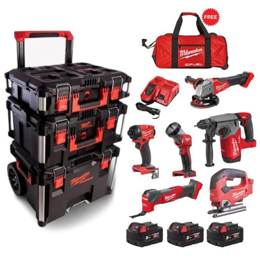 Milwaukee Packout 9 Piece Kit with PACKOUT Trolly AND Roller Bag (3x5ah) M18FPP10L3-503P