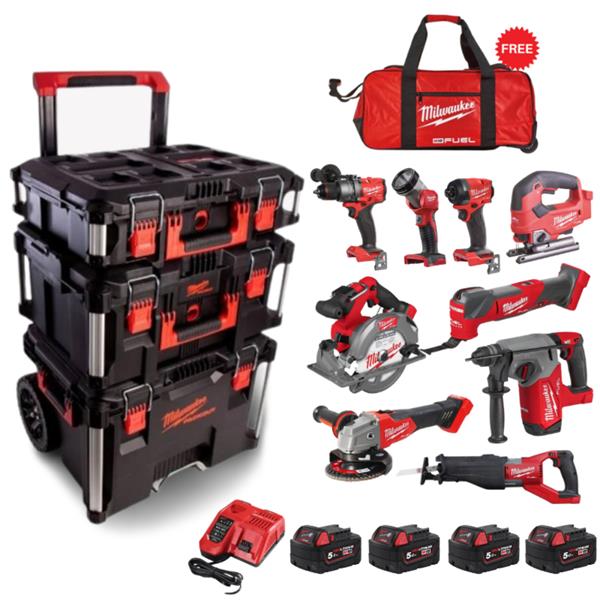 Milwaukee Packout 9 Piece Kit with PACKOUT Trolly AND Roller Bag (4x5ah) M18FPP11L3-504P