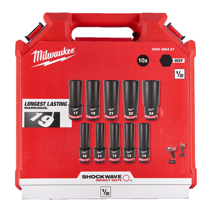 Milwaukee 4932480457 Milwaukee SHOCKWAVE Impact Duty 1/2 Inch Impact Socket Set Deep - 10 pc 4932480457