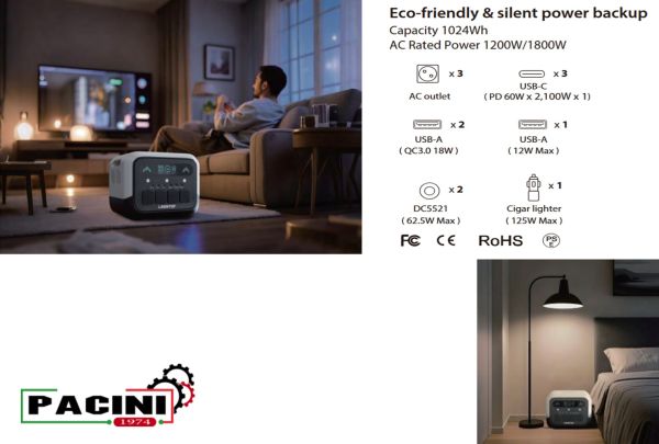 PACINI Pacini Portable Power Station Capacity 1024Wh, 3 outlets, 1200W PRO1200