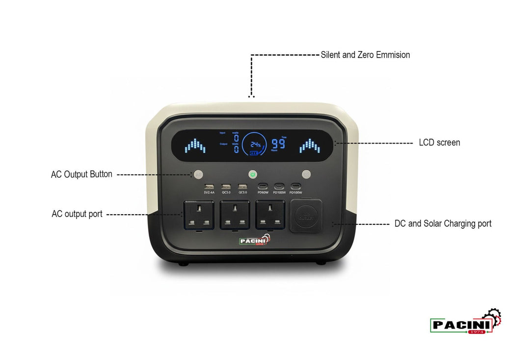 PACINI Pacini Portable Power Station Capacity 1024Wh, 3 outlets, 1200W PRO1200