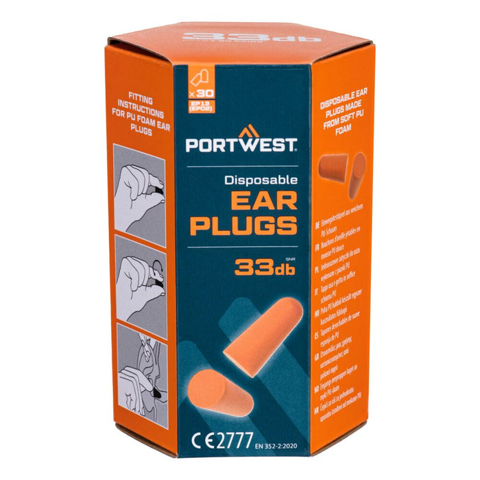 Portwest EP13 - PU Foam Ear Plugs (30 Pairs) - Orange EP13-ORR-One Size