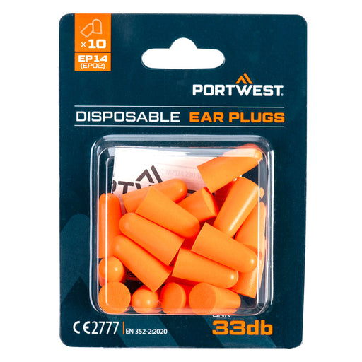 Portwest EP14 - PU Foam Ear Plugs Blister Pack (10 Pairs) - Orange EP14-ORR-One Size