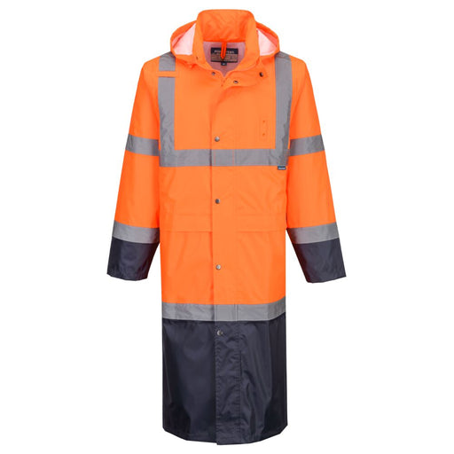 Portwest H446 - Hi-Vis Contrast Raincoat 122cm Orange/Navy