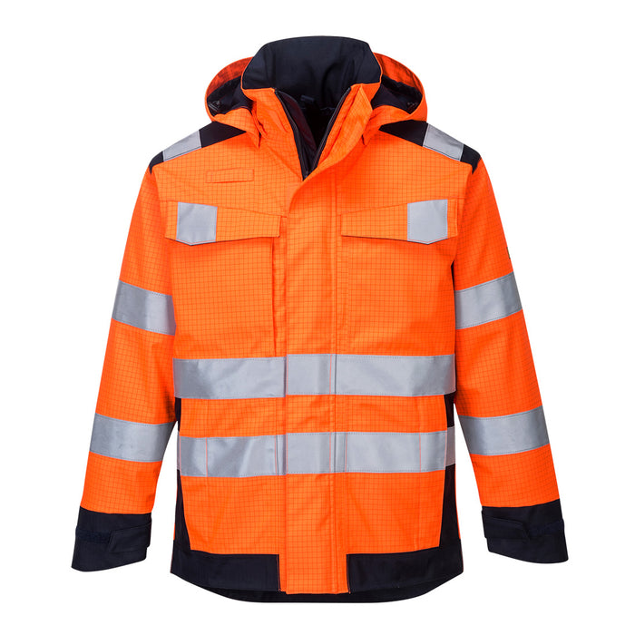 Portwest MV70 - Modaflame Rain+ Hi-Vis Multi-Norm Contrast FR Jacket - Orange/Navy