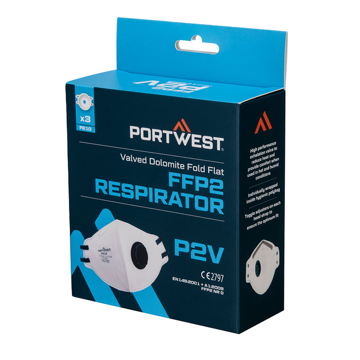 Portwest P210 - FFP2 Valved Dolomite Fold Flat Respirator (Pk3) - White P210-WHR-One Size