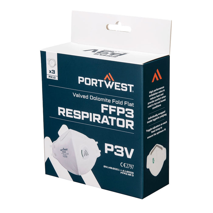 Portwest P310 - FFP3 Valved Dolomite Fold Flat Respirator (Pk3) - White P310-WHR-One Size