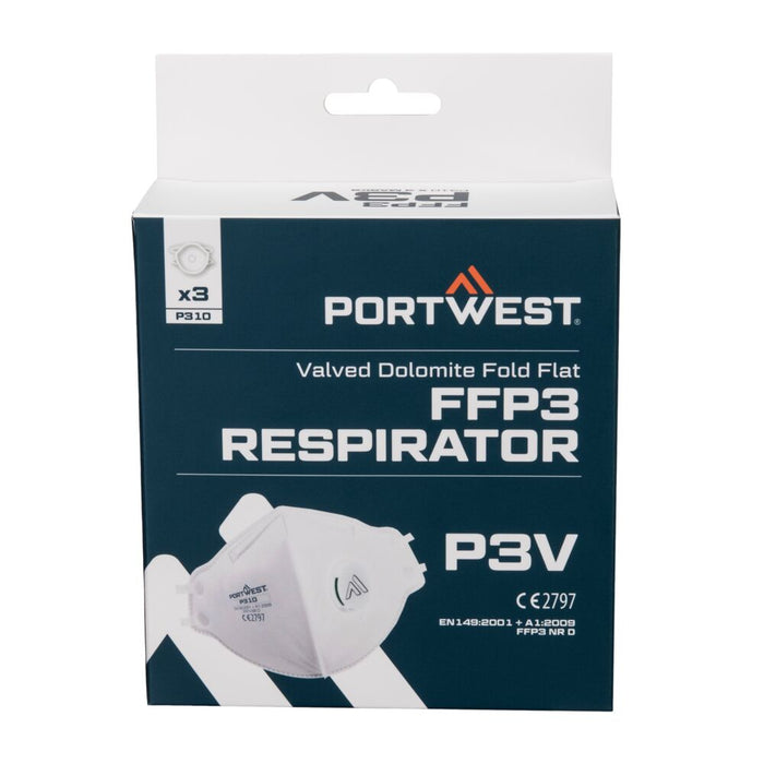 Portwest P310 - FFP3 Valved Dolomite Fold Flat Respirator (Pk3) - White P310-WHR-One Size