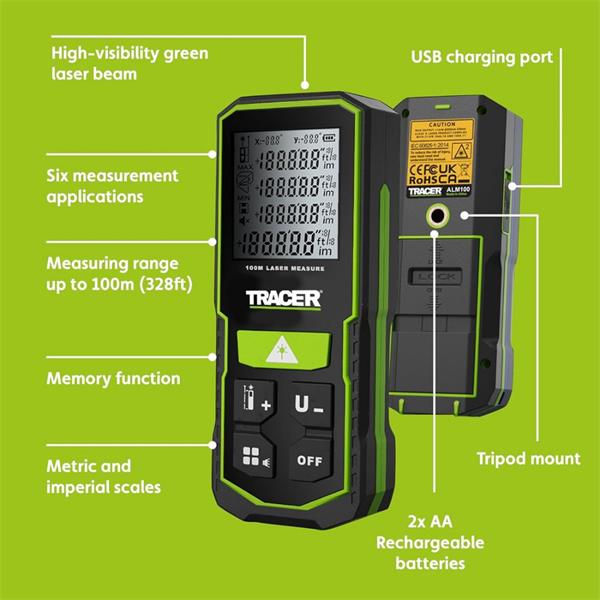 Tracer Trace Green Dot 100m Laser Measure ALM100